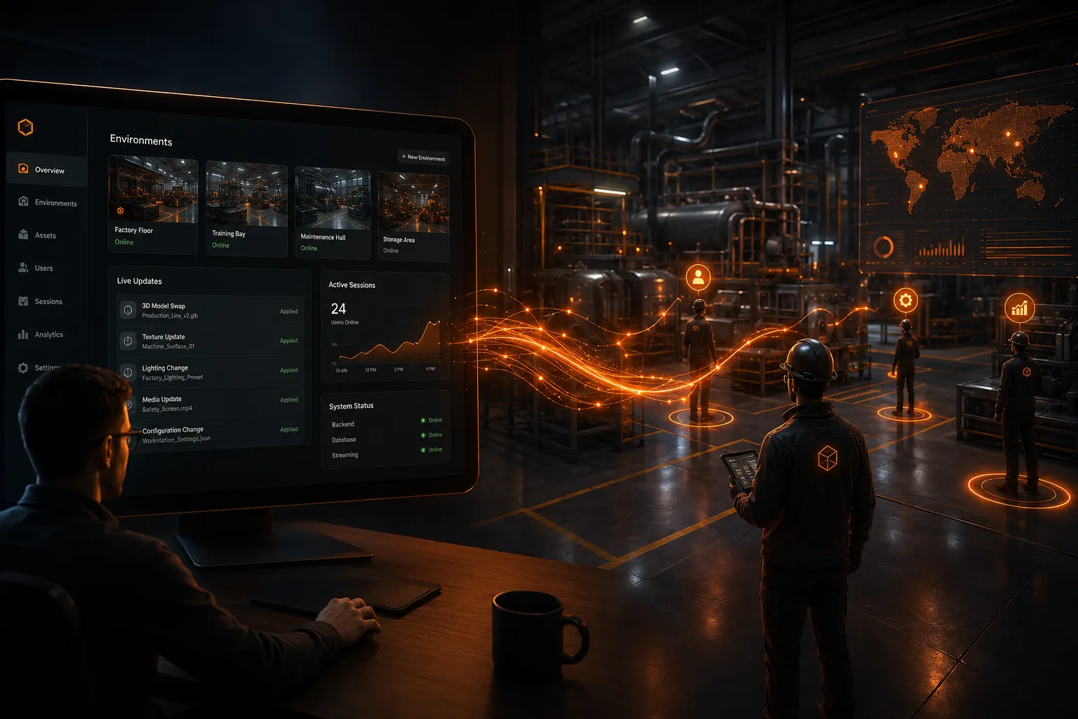 A web dashboard on one side pushing live updates into a virtual world on the other