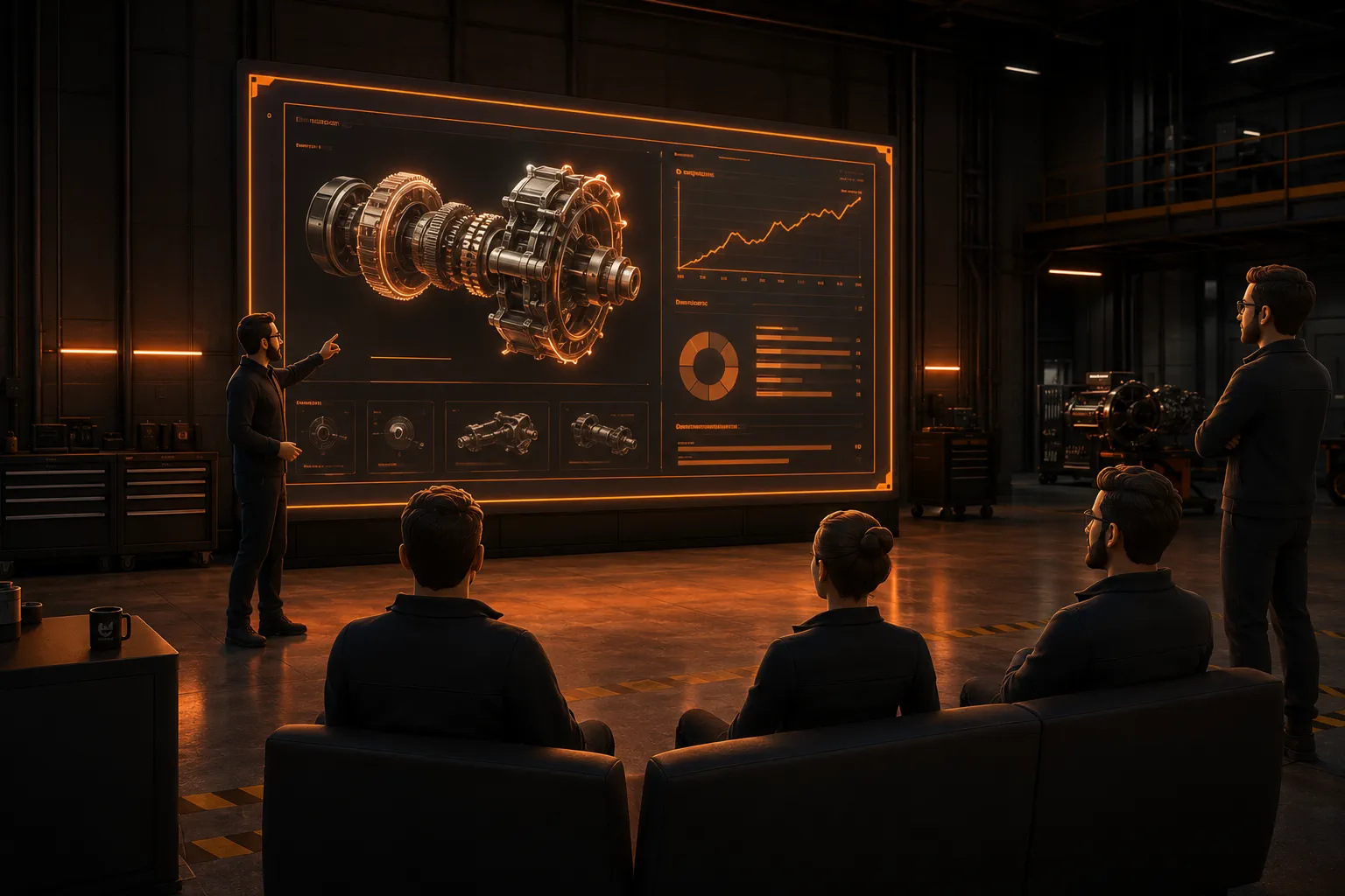 A large in-world presentation screen displaying slides to avatars seated nearby