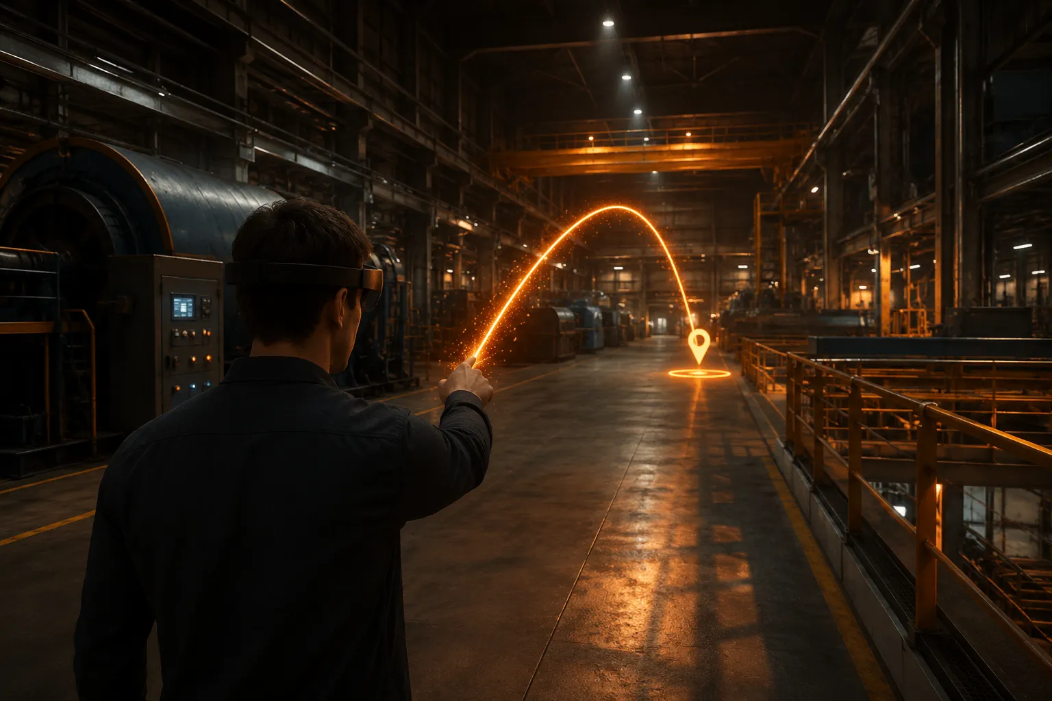 A glowing teleport arc pointing across an expansive virtual environment