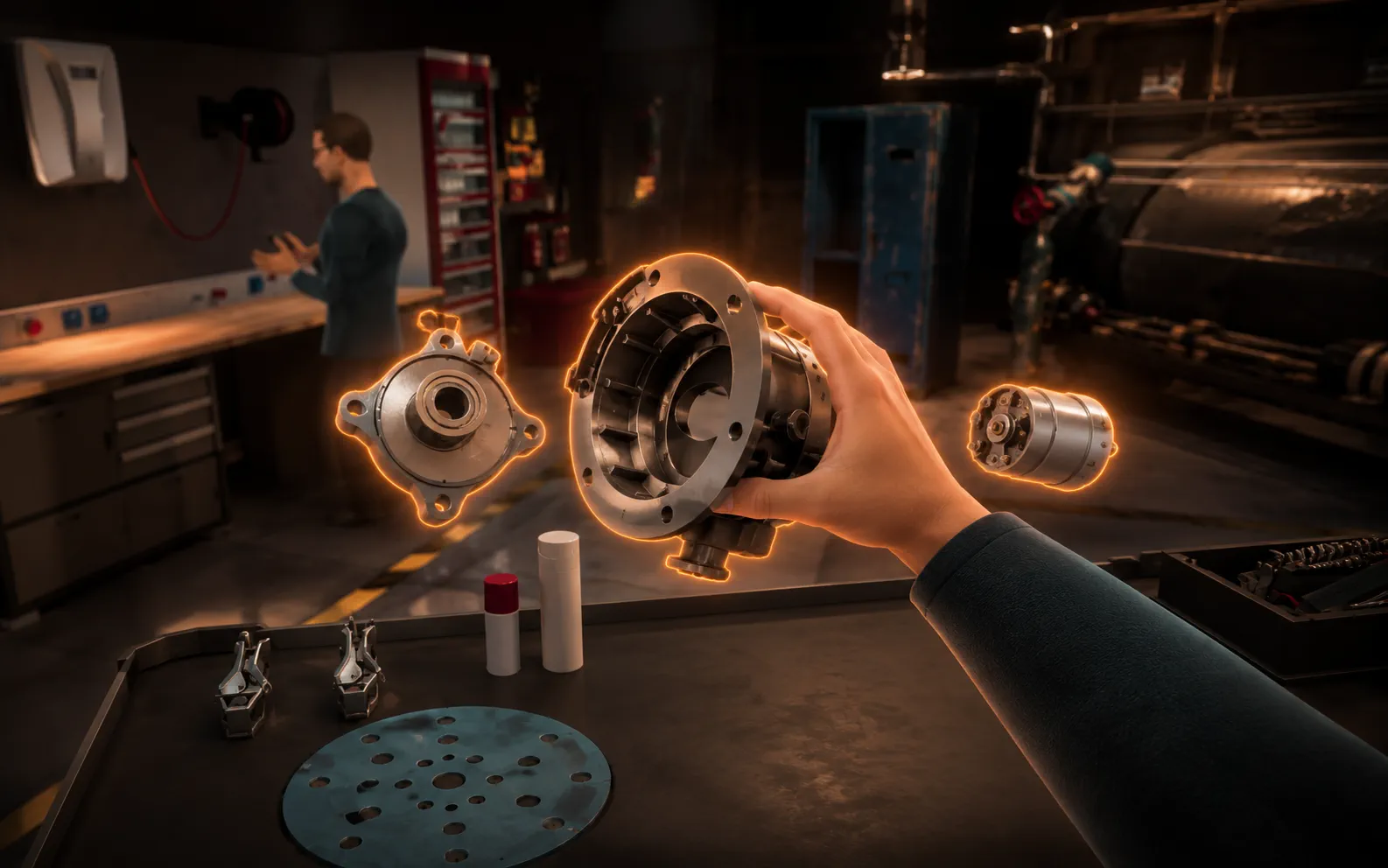 A virtual hand grabbing and manipulating a glowing 3D component in mid-air