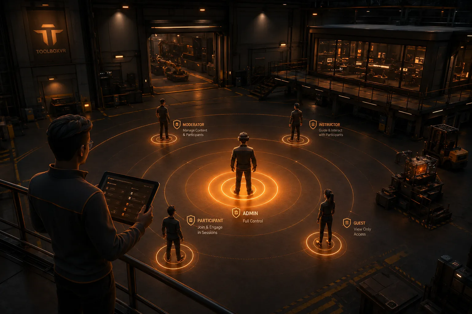 Layered access rings around a virtual space, highlighting different permission levels