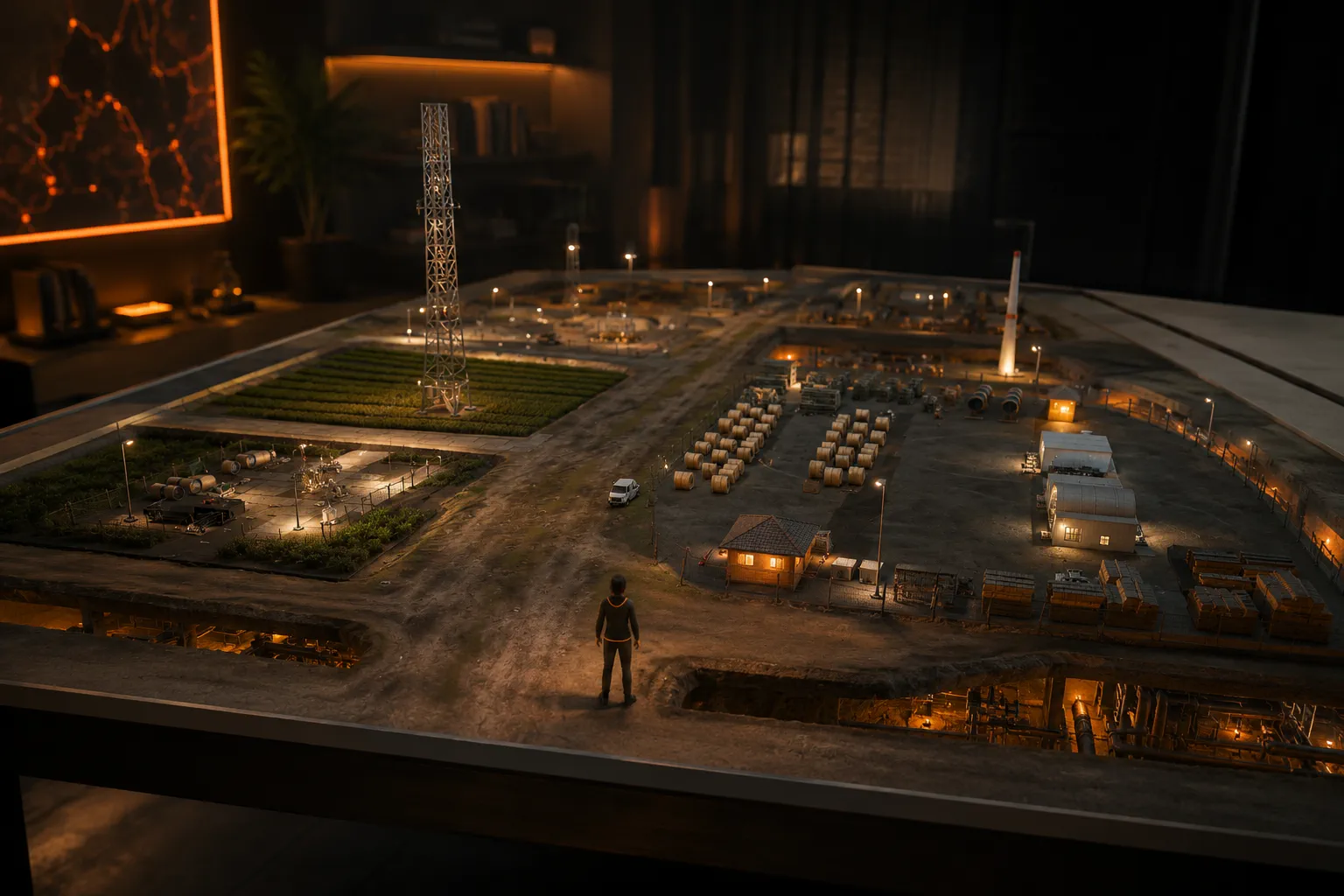 A miniature person standing inside a giant detailed model at full relative scale