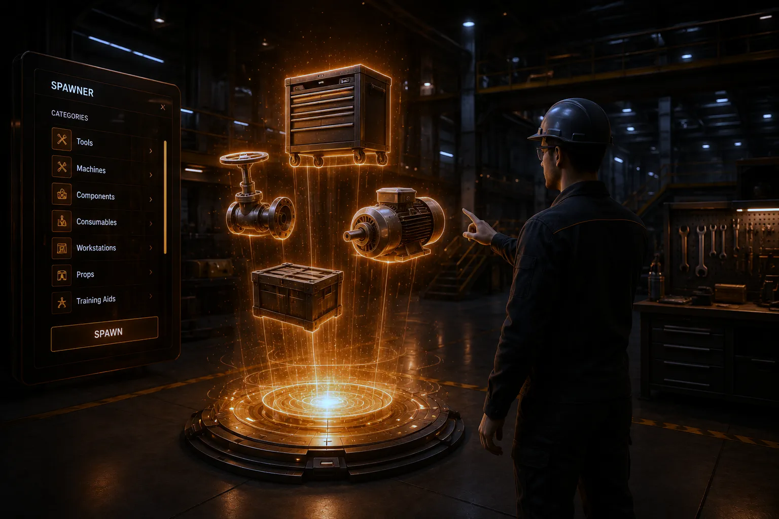 Configurable training objects materialising from a glowing spawn point