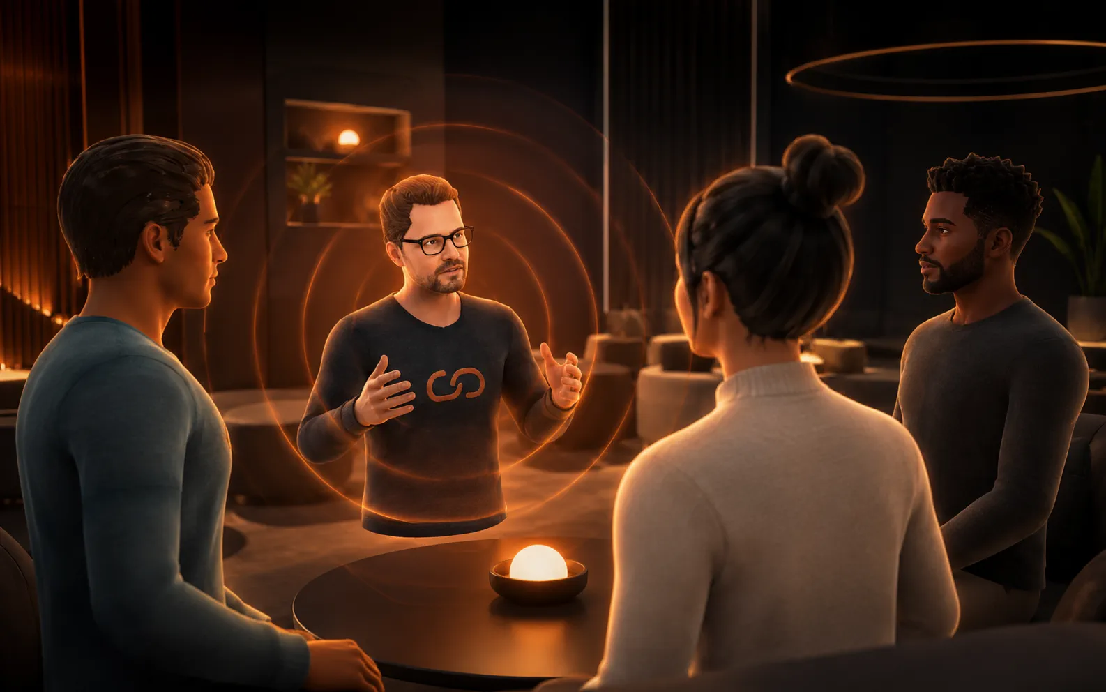 Avatars gathered in a warmly lit virtual space, facing one another in conversation